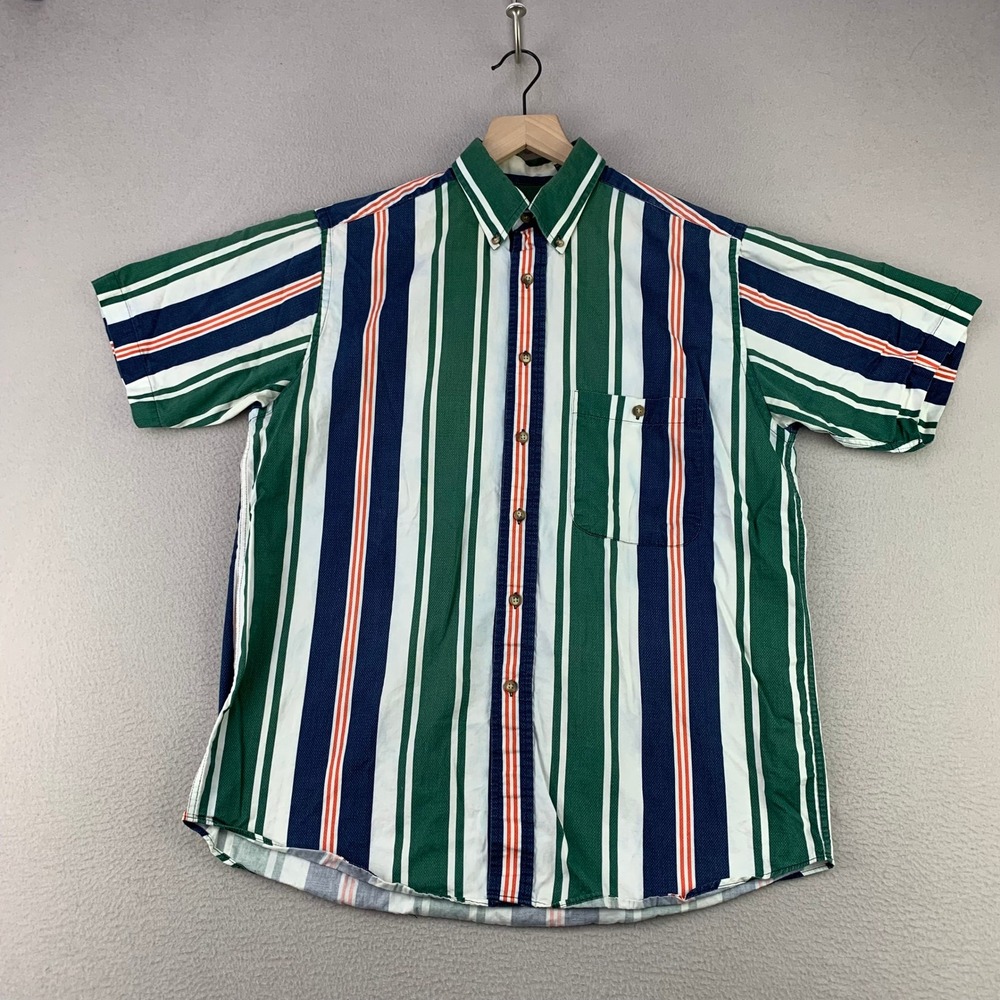 Vintage 90s Vertical Stripe Shirt Mens Medium Preppy Heritage Trader Bay Cotton